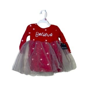 Toddler Girls Long Sleeve “Believe” Dress with Sheer Tutu